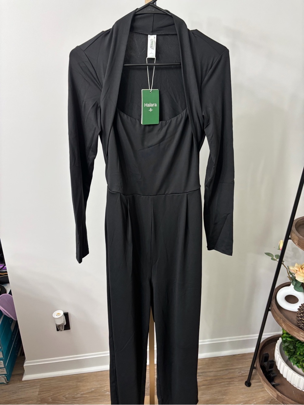HALARA Black Long-Sleeve Square-Neck Jumpsuit